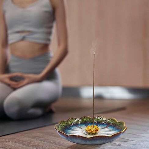 Incense Holder for Sticks,Lotus Flower Incense Burner Holder,Ceramic Sage Coil Holder,Palo Santo Holder,Ash Catcher Tray for Meditation Yoga Room Decor Blue in Saudi Arabia