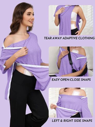 Women's Post Surgery Shirts 3/4 Sleeve Tear Away Snap Front Tops Rotator Cuff Chemo Port Shirts Adaptive Clothing in Saudi Arabia