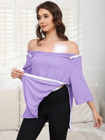 Women's Post Surgery Shirts 3/4 Sleeve Tear Away Snap Front Tops Rotator Cuff Chemo Port Shirts Adaptive Clothing in Saudi Arabia