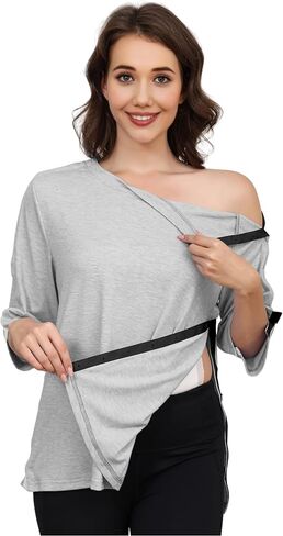 Women's Post Surgery Shirts 3/4 Sleeve Tear Away Snap Front Tops Rotator Cuff Chemo Port Shirts Adaptive Clothing in Saudi Arabia