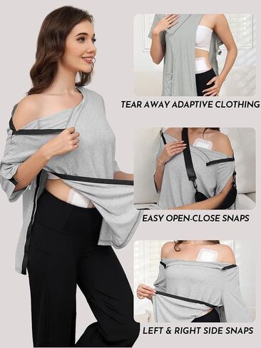 Women's Post Surgery Shirts 3/4 Sleeve Tear Away Snap Front Tops Rotator Cuff Chemo Port Shirts Adaptive Clothing in Saudi Arabia