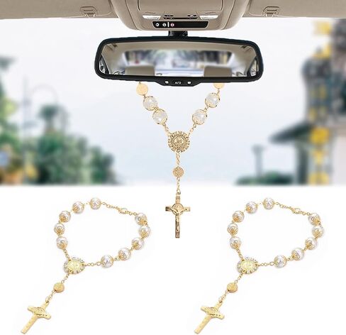 2PCS Car Mirror Decor Hanging, Rear View Mirror Accessories, Auto Religious Crucifix Car Hanging Ornament for Personal Faith Symbol, Universal Bling Car Accessories for Women and Men (Gold) in Saudi Arabia