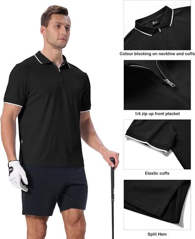 Polo Shirts for Men Zipper Moisture Wicking Golf Shirts Short Sleeve Casual Quarter Zip Polo T Shirt in Kuwait