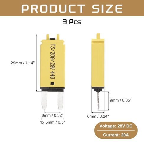 DMiotech 3 Pack 28V DC 20A Yellow ATC/ATO Manual Narrow Mini Resettable Fuse for Automotive Circuit Breaker Reset Fuses Low Profile Blade Fuses for Car Truck SUV Marine Boat Motorcycle in Kuwait