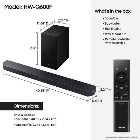 Samsung Q-Series Soundbar HW-Q600F 3.1.2ch with Wireless Subwoofer, Dolby Atmos/DTS Virtual:X, Q-Symphony, SpaceFit Sound Pro, Adaptive Sound, Game Mode Pro, Bluetooth, (2025 Model) in Kuwait