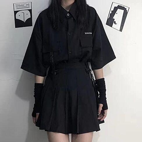 Gothic suit summer all-match black loose shirt tops women fashion two-piece goth skirt Harajuku style punk fashion XXL(Top shirt,M) in Kuwait