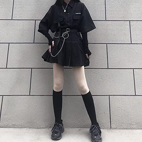 Gothic suit summer all-match black loose shirt tops women fashion two-piece goth skirt Harajuku style punk fashion XXL(Top shirt,M) in Kuwait