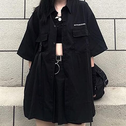 Gothic suit summer all-match black loose shirt tops women fashion two-piece goth skirt Harajuku style punk fashion XXL(Top shirt,M) in Kuwait