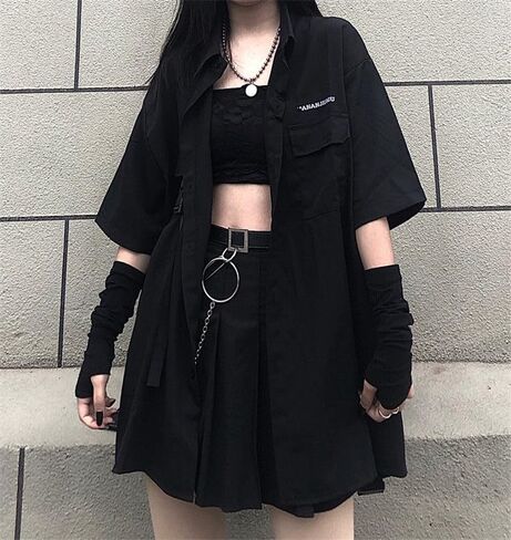Gothic suit summer all-match black loose shirt tops women fashion two-piece goth skirt Harajuku style punk fashion XXL(Top shirt,M) in Kuwait