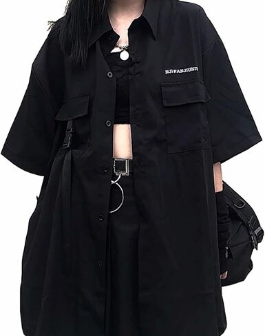 Gothic suit summer all-match black loose shirt tops women fashion two-piece goth skirt Harajuku style punk fashion XXL(Top shirt,M) in Kuwait