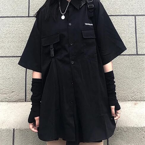 Gothic suit summer all-match black loose shirt tops women fashion two-piece goth skirt Harajuku style punk fashion XXL(Top shirt,M) in Kuwait