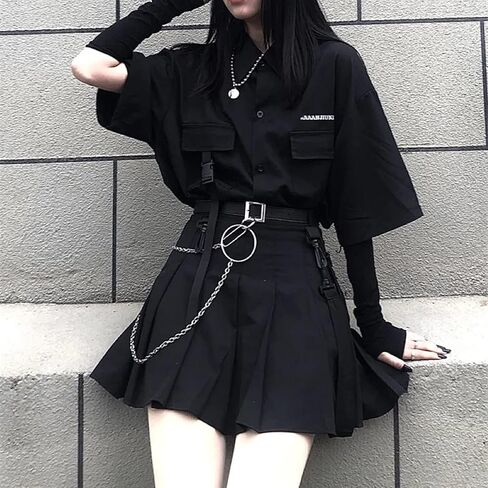 Gothic suit summer all-match black loose shirt tops women fashion two-piece goth skirt Harajuku style punk fashion XXL(Top shirt,M) in Kuwait