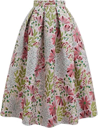 CHICWISH Women Daisy Field Pleated Midi Skirt Printed A-Line Casual High Waist Swing Flared Vintage Skirts with Pockets in Kuwait