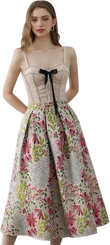 CHICWISH Women Daisy Field Pleated Midi Skirt Printed A-Line Casual High Waist Swing Flared Vintage Skirts with Pockets in Kuwait