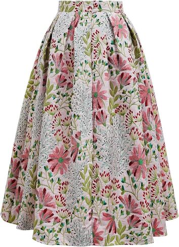 CHICWISH Women Daisy Field Pleated Midi Skirt Printed A-Line Casual High Waist Swing Flared Vintage Skirts with Pockets in Kuwait