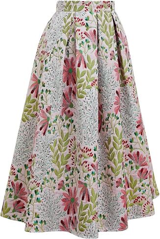 CHICWISH Women Daisy Field Pleated Midi Skirt Printed A-Line Casual High Waist Swing Flared Vintage Skirts with Pockets in Kuwait