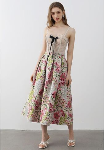 CHICWISH Women Daisy Field Pleated Midi Skirt Printed A-Line Casual High Waist Swing Flared Vintage Skirts with Pockets in Kuwait