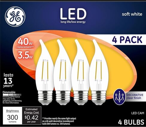 مصابيح GE LED، 40 وات Eqv، أبيض ناعم، مصابيح زخرفية شفافة، قاعدة متوسطة (4 عبوات) in Saudi Arabia