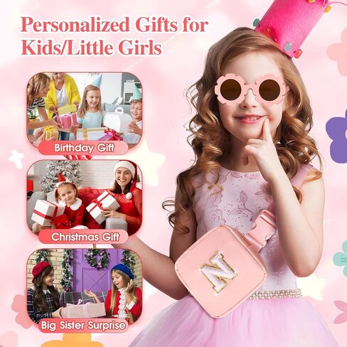 Personalized Mini Fanny Pack for Kids with Sunglasses & Cute Keychain, Small Initial Belt Crossbody Bag Purse for Teen Girls, Birthday Gifts for 3 4 5 6 7 8 9 10 Years Old Kid (A, Pink) in Saudi Arabia