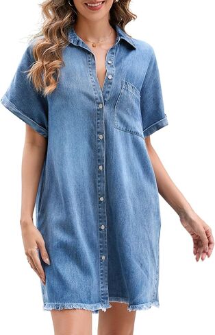 Summer Denim Dress for Women Short Sleeve Button Down Casual Western Jean Dresses in Saudi Arabia