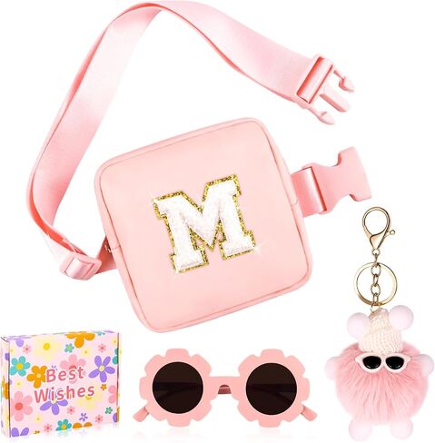 Personalized Mini Fanny Pack for Kids with Sunglasses & Cute Keychain, Small Initial Belt Crossbody Bag Purse for Teen Girls, Birthday Gifts for 3 4 5 6 7 8 9 10 Years Old Kid (A, Pink) in Saudi Arabia