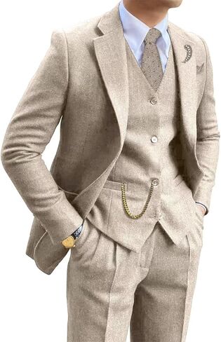 Tweed Herringbone Wool Blend 3 Piece Mens Suit Slim Fit Supal Business Men Suits Party Prom Tuxedo Suit Suit Jacket Blazers VENT BAIGE M in Kuwait