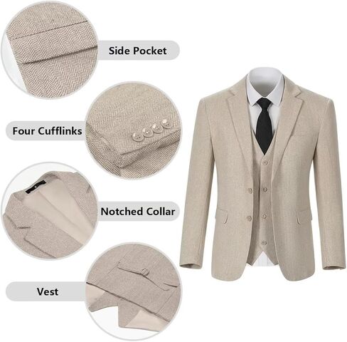 Tweed Herringbone Wool Blend 3 Piece Mens Suit Slim Fit Supal Business Men Suits Party Prom Tuxedo Suit Suit Jacket Blazers VENT BAIGE M in Kuwait