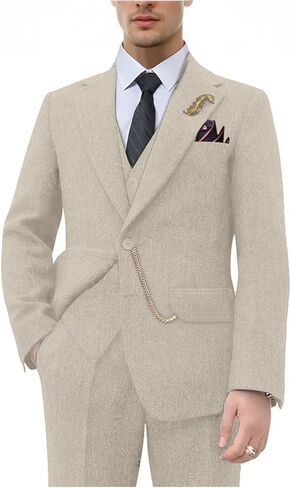 Tweed Herringbone Wool Blend 3 Piece Mens Suit Slim Fit Supal Business Men Suits Party Prom Tuxedo Suit Suit Jacket Blazers VENT BAIGE M in Kuwait
