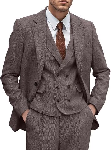 Mens Tweed Suit 3 Piece Slim Fit Herringbone Wedding Groomsmen Tuxedos Retro Jacket Double Breasted Vest Pants Set in Saudi Arabia