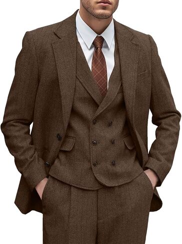 Mens Tweed Suit 3 Piece Slim Fit Herringbone Wedding Groomsmen Tuxedos Retro Jacket Double Breasted Vest Pants Set in Saudi Arabia