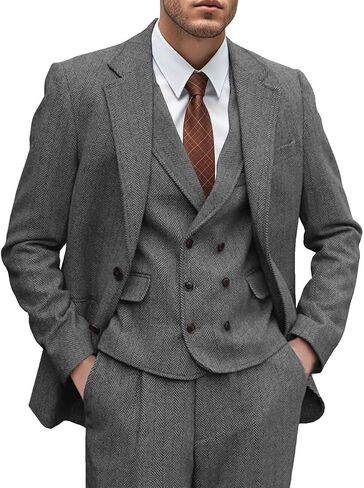 Mens Tweed Suit 3 Piece Slim Fit Herringbone Wedding Groomsmen Tuxedos Retro Jacket Double Breasted Vest Pants Set in Saudi Arabia