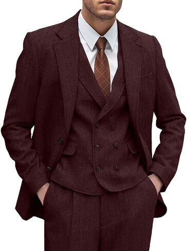Mens Tweed Suit 3 Piece Slim Fit Herringbone Wedding Groomsmen Tuxedos Retro Jacket Double Breasted Vest Pants Set in Saudi Arabia