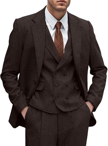 Mens Tweed Suit 3 Piece Slim Fit Herringbone Wedding Groomsmen Tuxedos Retro Jacket Double Breasted Vest Pants Set in Saudi Arabia