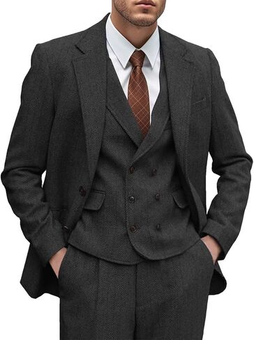 Mens Tweed Suit 3 Piece Slim Fit Herringbone Wedding Groomsmen Tuxedos Retro Jacket Double Breasted Vest Pants Set in Saudi Arabia