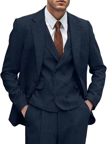 Mens Tweed Suit 3 Piece Slim Fit Herringbone Wedding Groomsmen Tuxedos Retro Jacket Double Breasted Vest Pants Set in Saudi Arabia