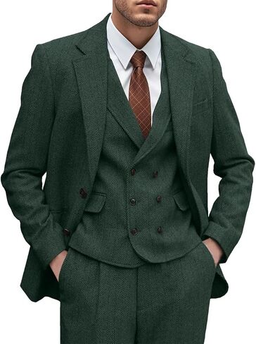Mens Tweed Suit 3 Piece Slim Fit Herringbone Wedding Groomsmen Tuxedos Retro Jacket Double Breasted Vest Pants Set in Saudi Arabia