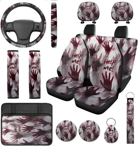 14 Pcs Spider Web Car Seat Covers Full Set Black and White Auto Steering Wheel Cover Armrest Cushion Head Rest Protector Seat Belt Covers with Keychain,Unverisal Fit Cars SUV Turcks in Kuwait