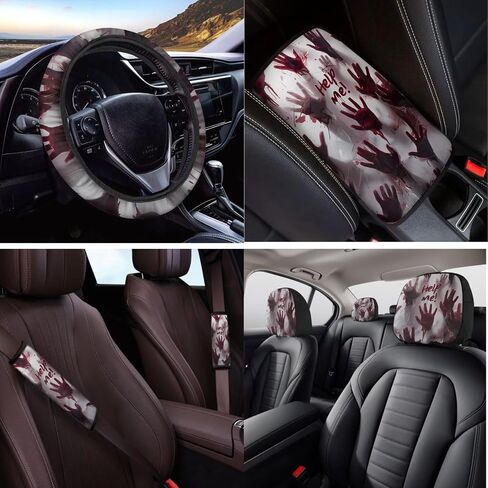14 Pcs Spider Web Car Seat Covers Full Set Black and White Auto Steering Wheel Cover Armrest Cushion Head Rest Protector Seat Belt Covers with Keychain,Unverisal Fit Cars SUV Turcks in Kuwait