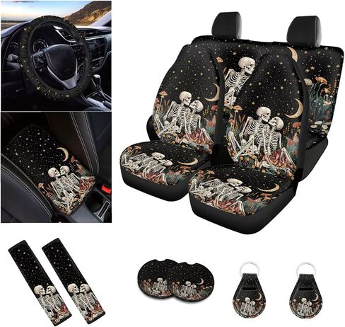 Skeleton Printed Car Seat Covers Set - 12 Piece, Easy Install - Steering Wheel, Armrest Pads for Women & Men in Kuwait