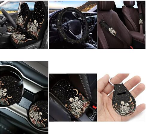 Skeleton Printed Car Seat Covers Set - 12 Piece, Easy Install - Steering Wheel, Armrest Pads for Women & Men in Kuwait