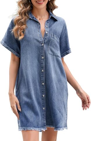 Summer Denim Dress for Women Short Sleeve Button Down Casual Western Jean Dresses in Saudi Arabia