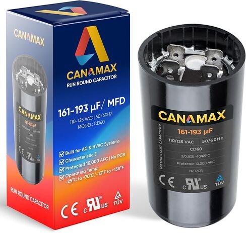 Canamax 161-193 uf/MFD 110-125 VAC ±20% 50/60 Hz CD60 Round Motor Well Pump Start Capacitor - Replacement for Central Air-Conditioners, Heat Pumps, Condenser Fan Motors, Refrigerators, Washers in Saudi Arabia