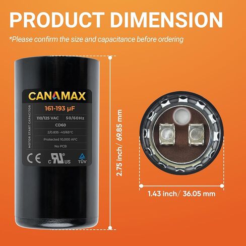 Canamax 161-193 uf/MFD 110-125 VAC ±20% 50/60 Hz CD60 Round Motor Well Pump Start Capacitor - Replacement for Central Air-Conditioners, Heat Pumps, Condenser Fan Motors, Refrigerators, Washers in Saudi Arabia