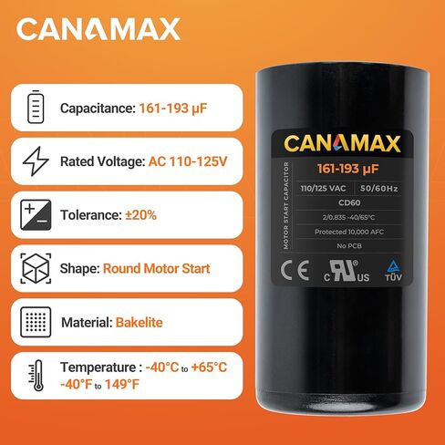 Canamax 161-193 uf/MFD 110-125 VAC ±20% 50/60 Hz CD60 Round Motor Well Pump Start Capacitor - Replacement for Central Air-Conditioners, Heat Pumps, Condenser Fan Motors, Refrigerators, Washers in Saudi Arabia