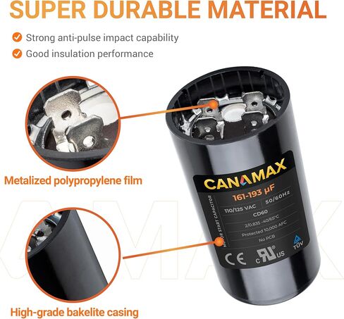 Canamax 161-193 uf/MFD 110-125 VAC ±20% 50/60 Hz CD60 Round Motor Well Pump Start Capacitor - Replacement for Central Air-Conditioners, Heat Pumps, Condenser Fan Motors, Refrigerators, Washers in Saudi Arabia