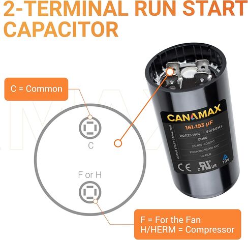 Canamax 161-193 uf/MFD 110-125 VAC ±20% 50/60 Hz CD60 Round Motor Well Pump Start Capacitor - Replacement for Central Air-Conditioners, Heat Pumps, Condenser Fan Motors, Refrigerators, Washers in Saudi Arabia