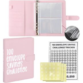 100 Envelope Challenge Binder, A5 Money Saving Budget Binder with Cash Envelopes, 52 Weeks Money Saving Challenge Binder for Budgeting & Challenging Fun Way to Save $5,050 (Pink-white)