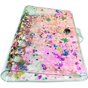 A6 Binder Cover Personal 6 Ring Binder Glitter Quicksand Soft PVC Planner Protector with Snap Button Closure Loose Leaf Folder