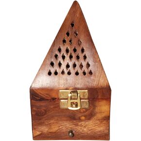 Wooden Pyramid Cone/Charcoal Burner with Storage Net Carving