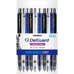 DelGuard Mechanical Pencil with Lead Refill, Fine Point, 0.5mm, Black Barrel, Standard #2 HB Lead, Refillable, 32-Pack